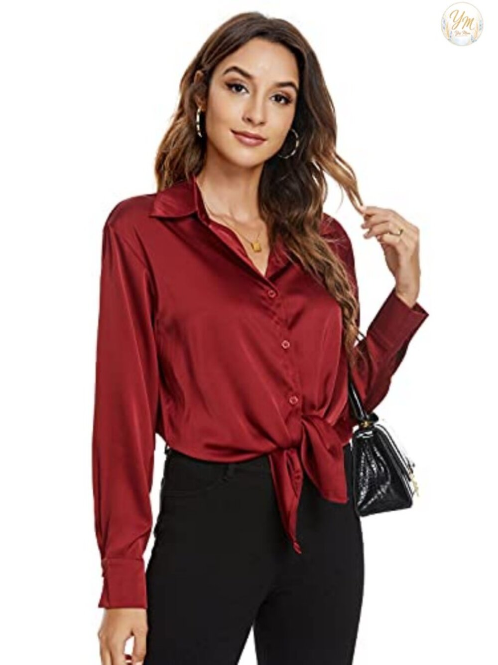 Long Sleeve Button Down Satin Blouse - Women's Casual Business Top